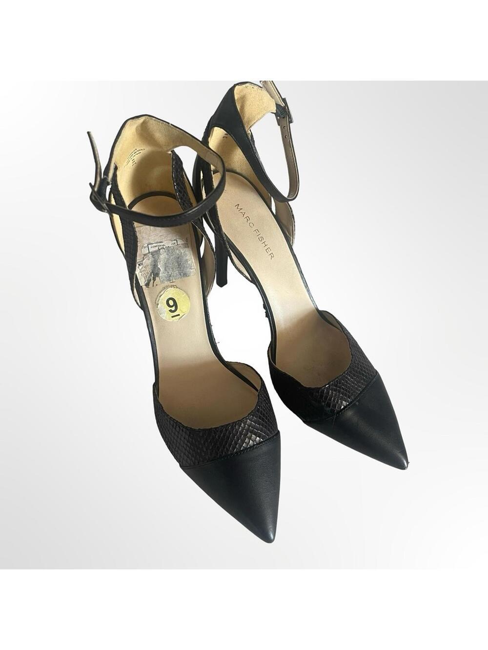 Marc Fisher Black Pointed-Toe Ankle-Strap Pumps with Texture